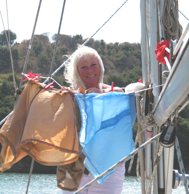A washing line around the base of the mast